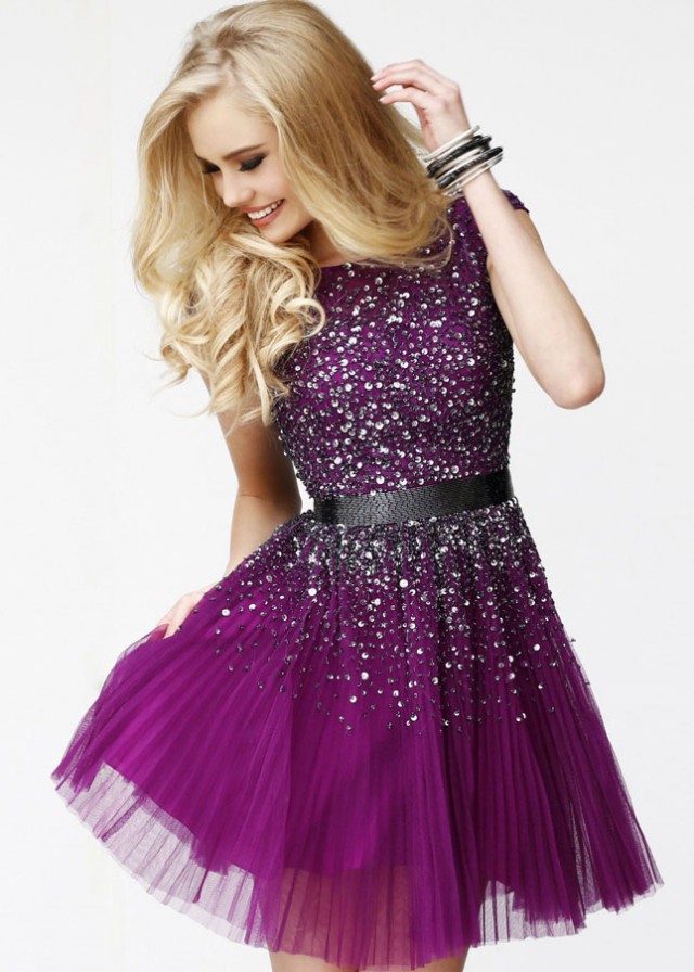 Purple Beaded Short Prom Dress With Open Back
