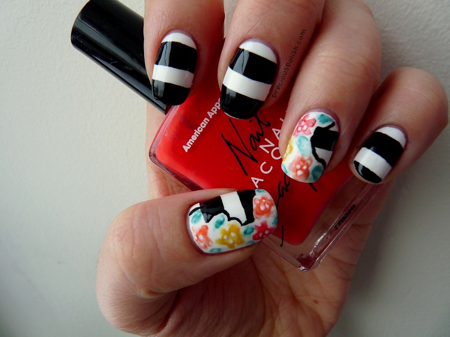 Striped Nails with Flowers