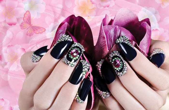 Black Embellished Gem Nails