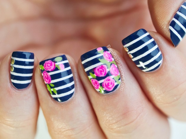 Blue Striped Flower Nail Designs