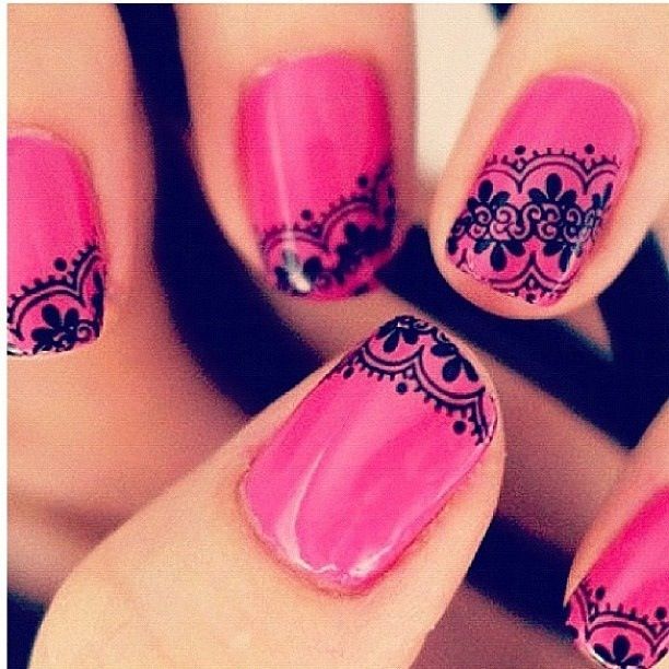 Bright Pink Lace Nail Art Idea