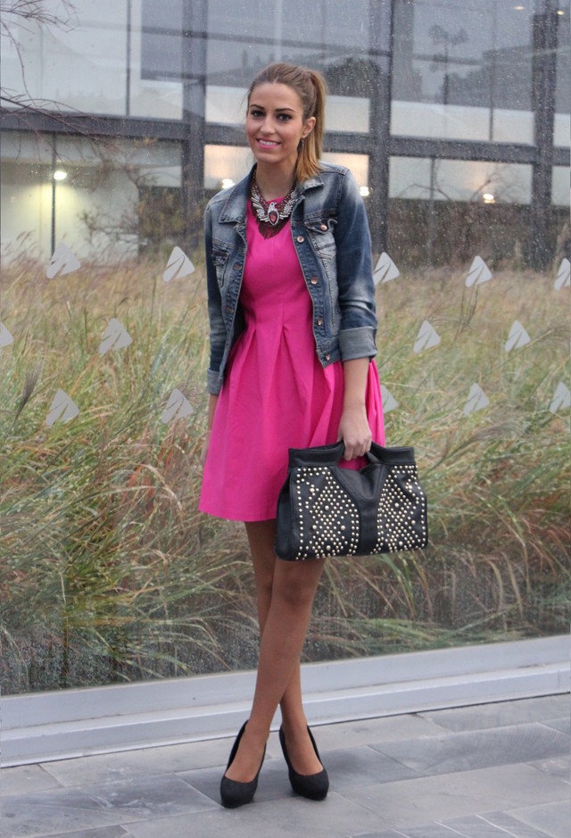 Fuchsia Short Dress with a Denim Jacket