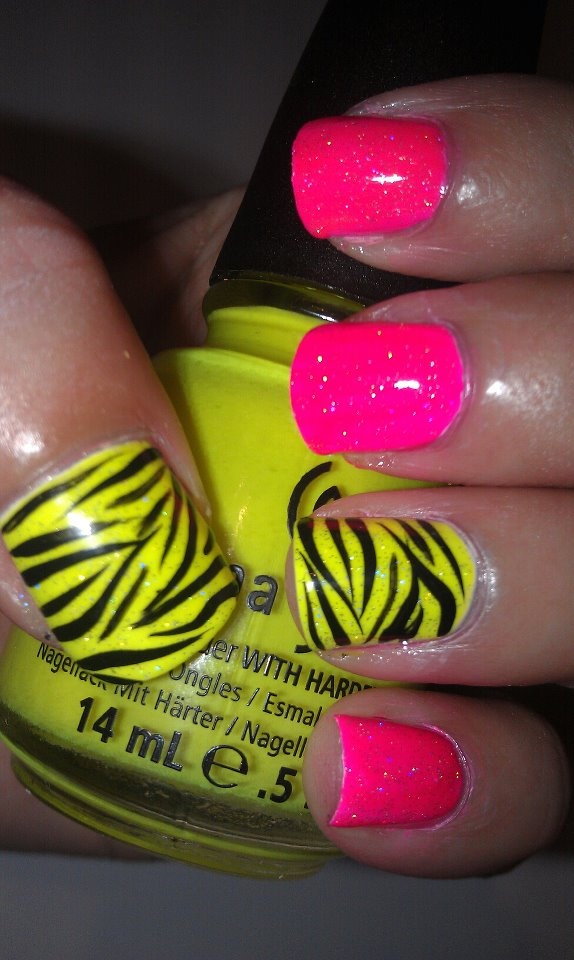 Neon Pink and Neon Yellow Nails