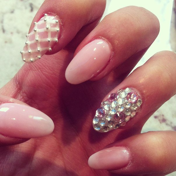Nude Nails With Diamonds and Pearls