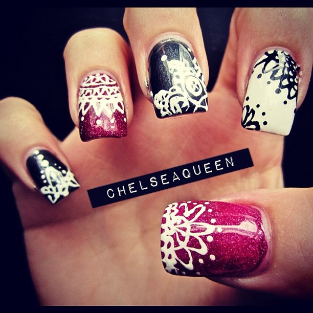 Purple and Black Lace Nail Art Idea