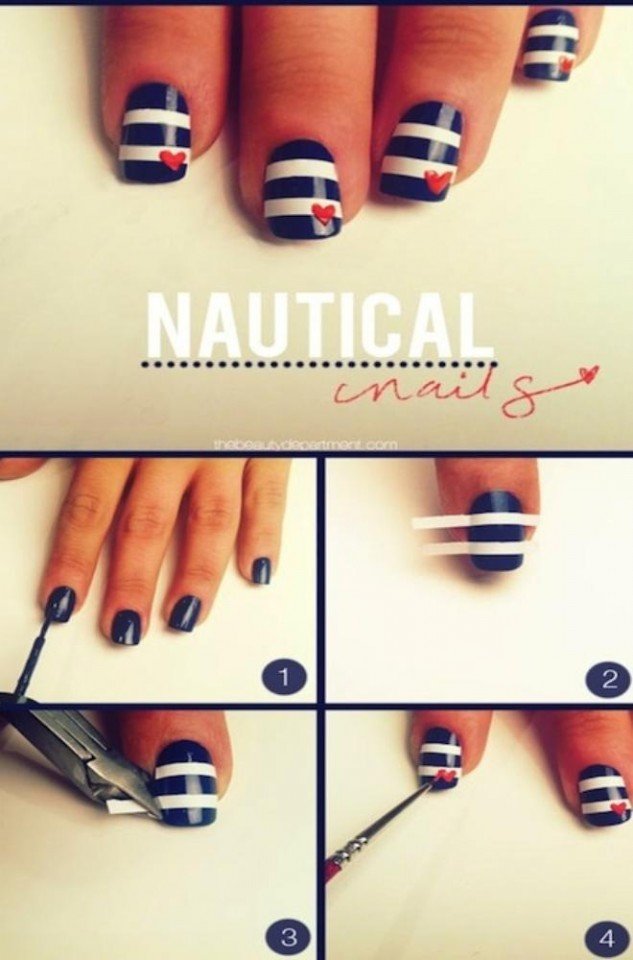 Striped Nails With Heart Design