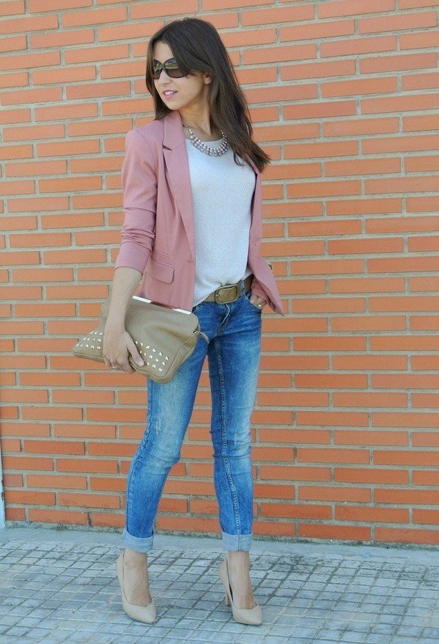 White Tee Outfit Idea with Pink Blazer