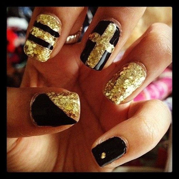 Black and Golden Embellished Nails Art Design