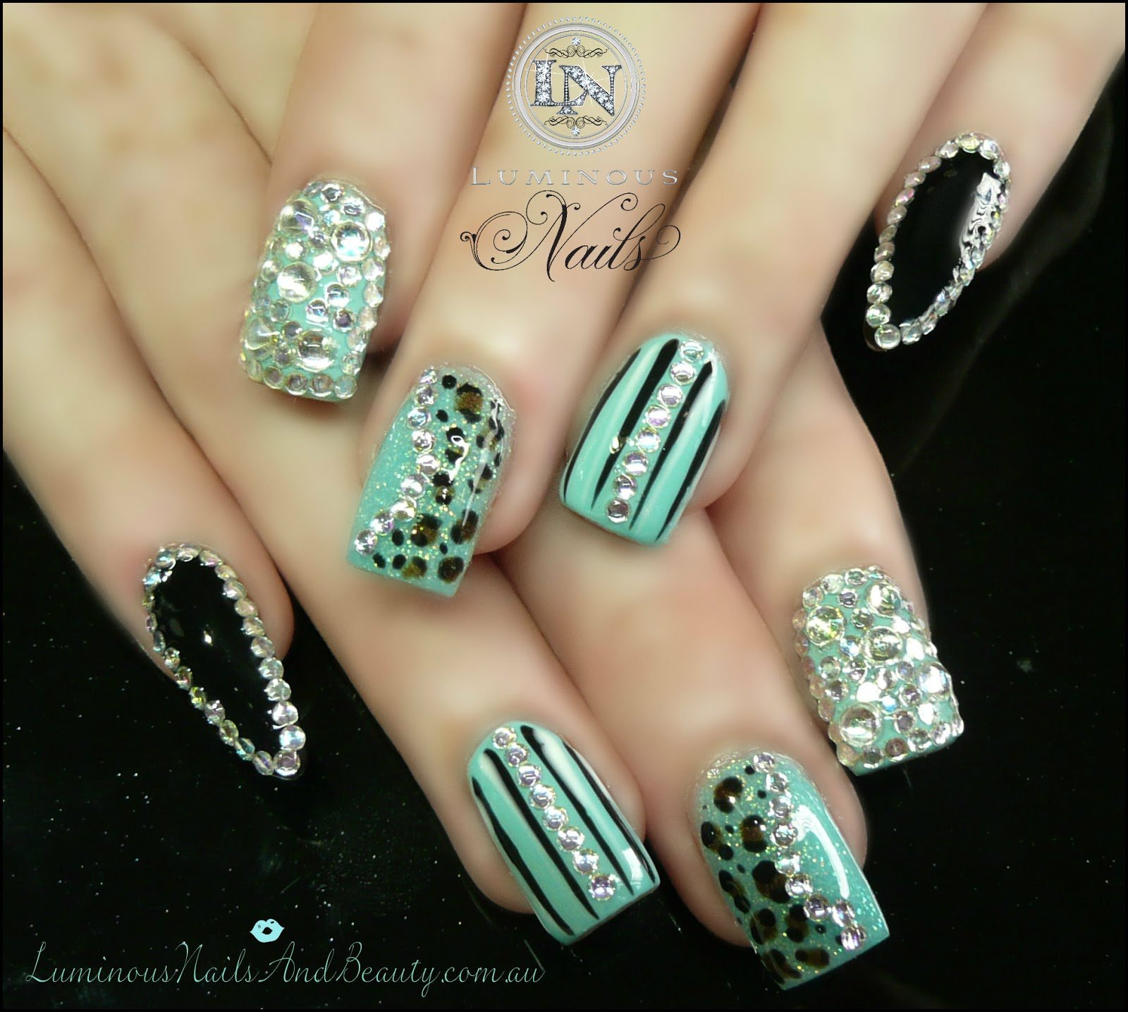 Black and Mint Embellished Nail Design