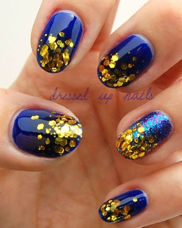 Blue and Golden Nails Art Design