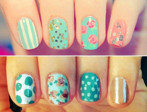 Blue Mismatched Nail Designs