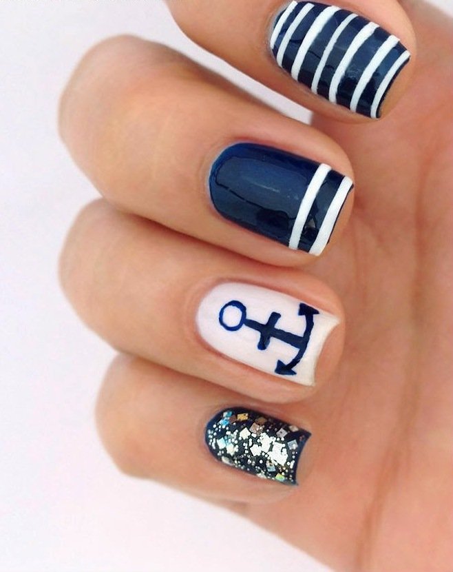 Blue and White Nails