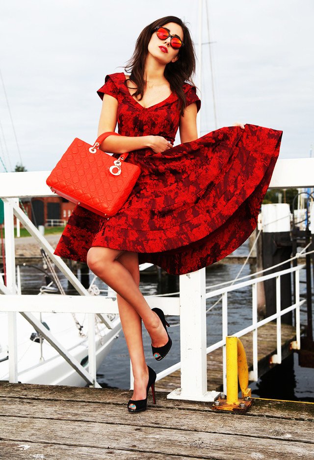 Classy Red Dress with Floral Prints