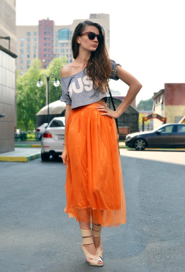Crop Top Outfit Idea with Orange Long Skirt