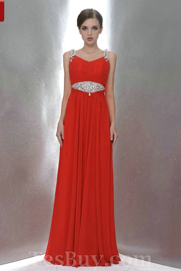 Full Length Beaded Straps Elegant Red Bridesmaid Dress