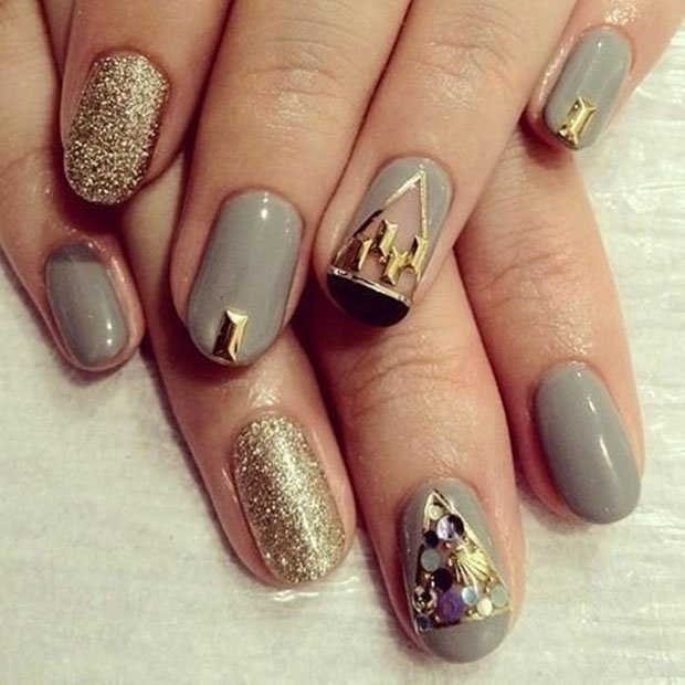 Grey and Golden Nails Art Design