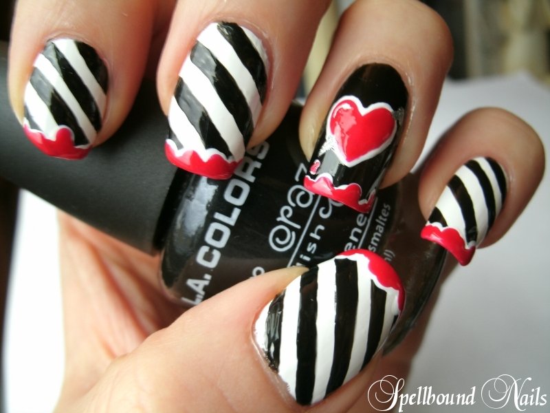 Stripped Heart Nail Designs