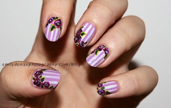 Purple Striped Floral Nail Design