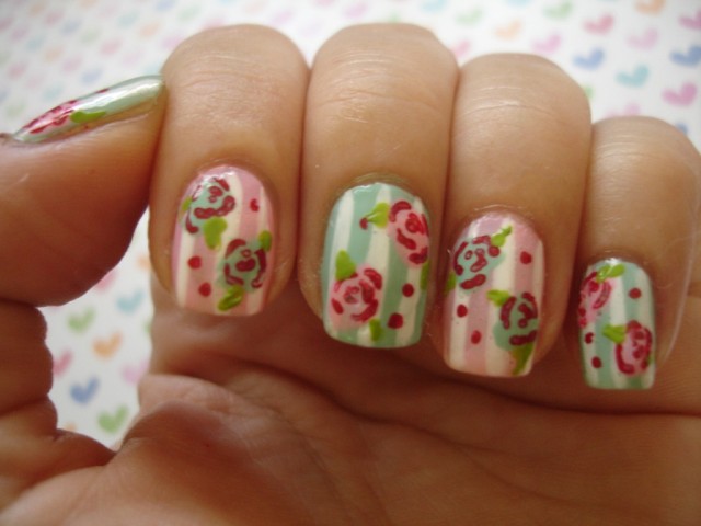 Striped Floral Nail Design