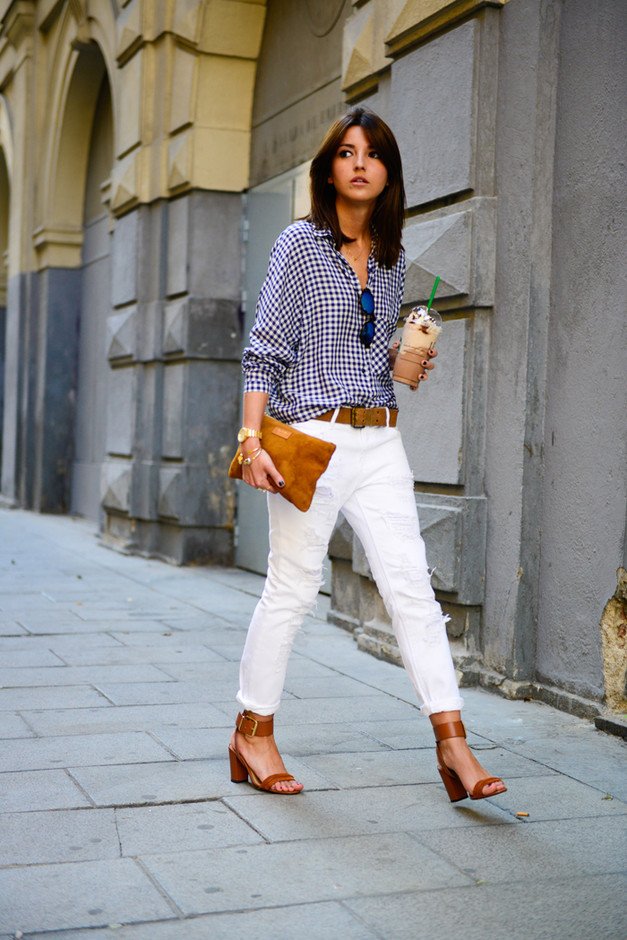 White Jeans Outfit Idea with Plaid Blouse