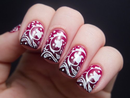 Burgundy Nail Design With Tribal Print