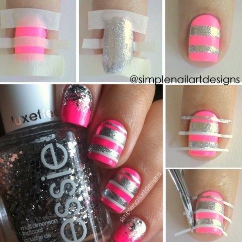 Pink and Sliver Stripe Nails