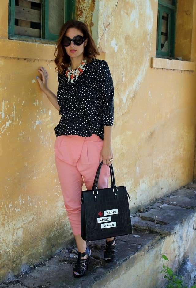 Polka Dot Chiffon Blouse with Pink Baggy Pants