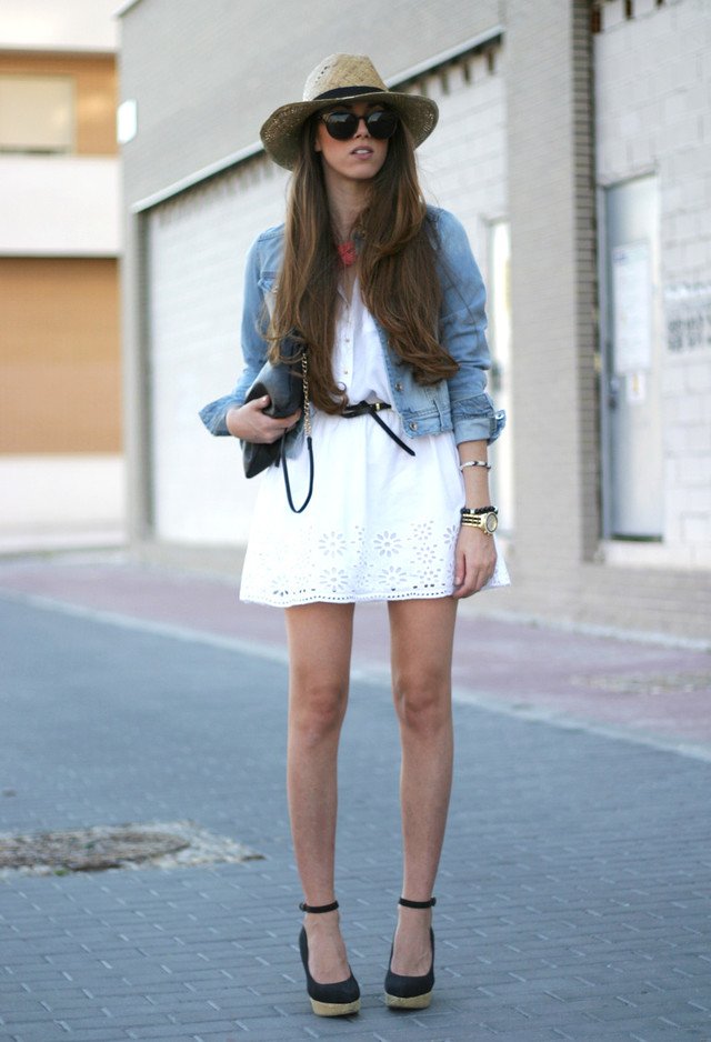 Pretty Denim Jacket Outfit with Black Wedges