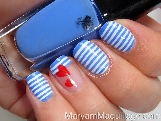 Heart and Striped Nail Art