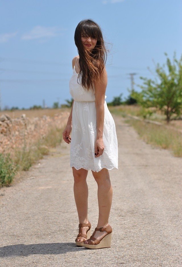 White Dress Outfit Idea with Wedges