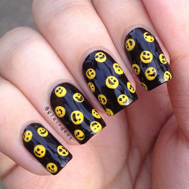 Black Happy Face Nail Design