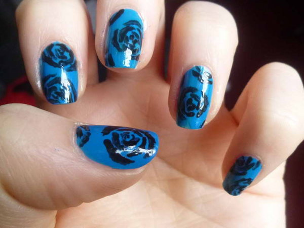 Blue Nails With Dark Blue Roses