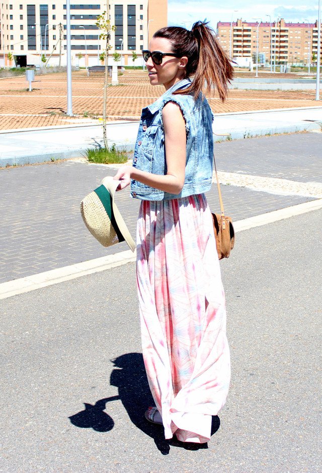 Chiffon Dress Outfit Idea with Denim Vest