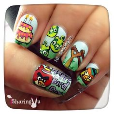 Colorful Angry Bird Nail Design