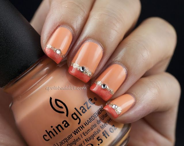 Embellished Orange Nail Design for French Manicure