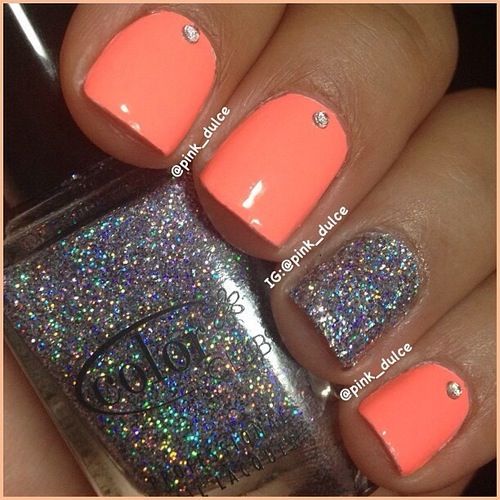 Glittering Orange and Silver Nail Design