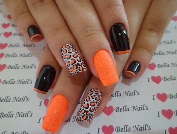 Orange Nail Design With Leopard Prints