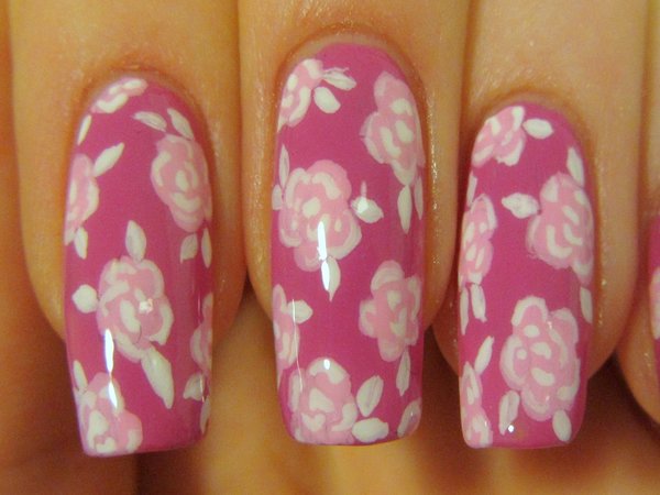 Pink Nails With Light Pink Roses
