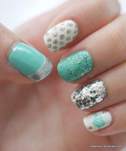 Pretty Mint and Silver Nail Design