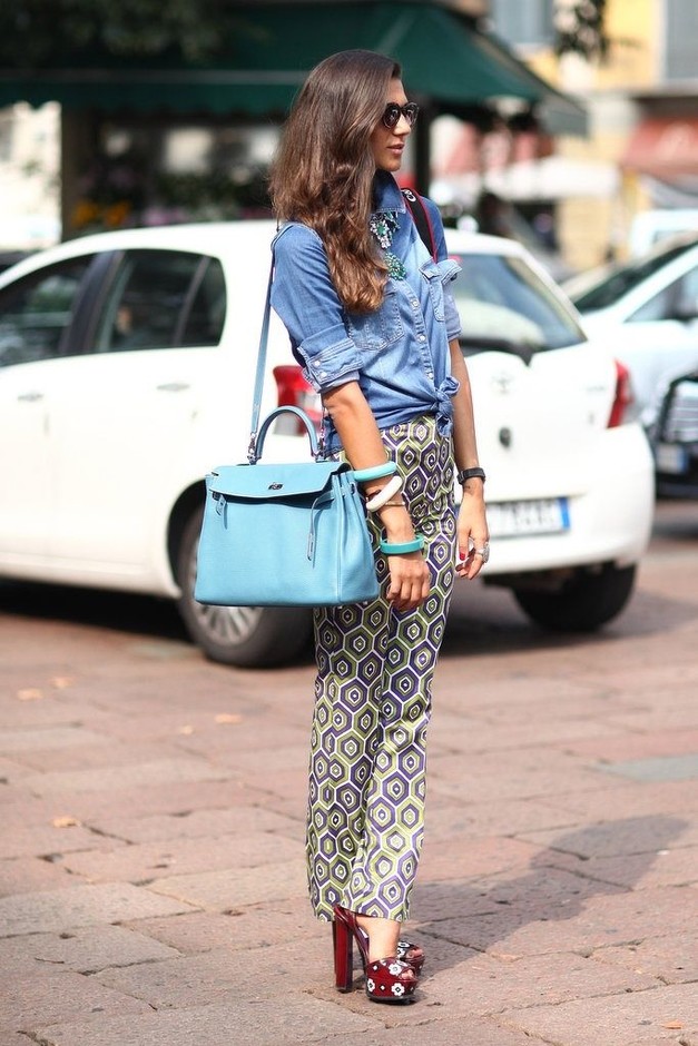 Printed Pants with Denim Blouse