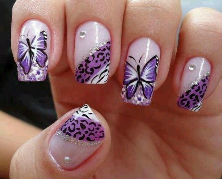 Purple Butterfly Nail Design With Leopard Prints