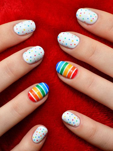 Rainbow Nail Art Design With Stripes and Dots