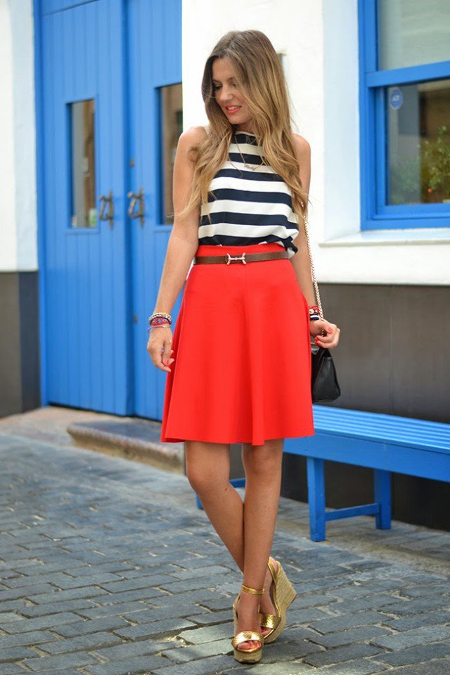 Stripe Top and Red Midi Skirt Outfit Idea