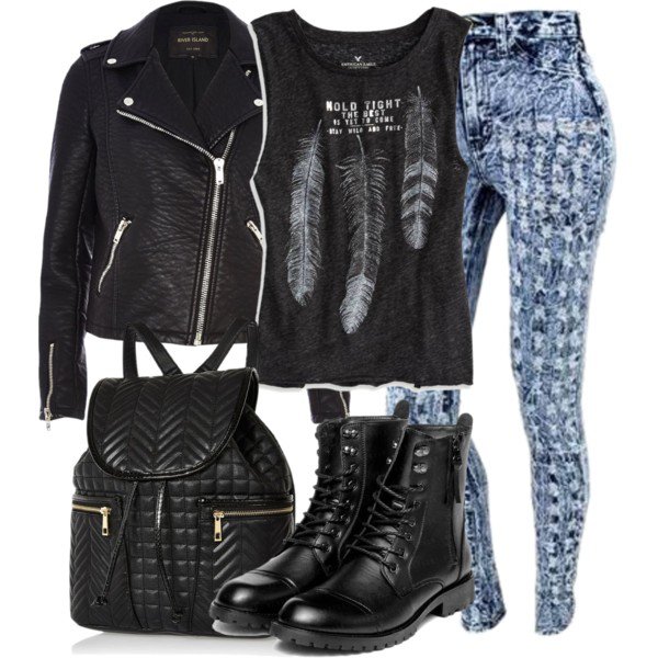 Black Outfit Idea with Leather Jacket and Printed Jeans