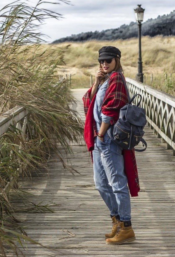 Casual Outfit Idea with Red Plaid Poncho