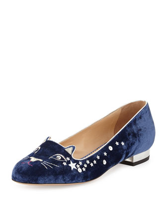 Charlotte Olympia Party Kitty Sequin Velvet Slipper