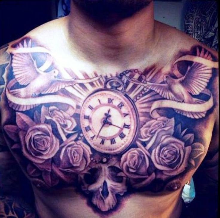 Flower and Clock Chest Tattoo