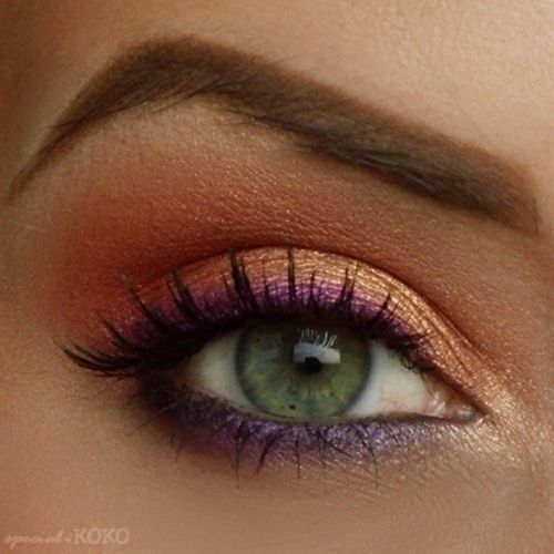 Gold and Peach Eyeshadow, Purple Eyeliner