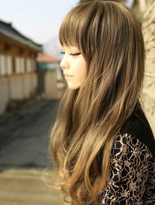 Long Wavy Hair With Blunt Bangs for Asian Hairstyles
