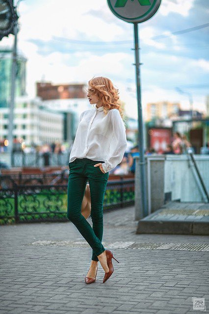 White Blouse Outfit with Green Jeans